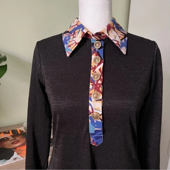 Modest Black Glitter & Vintage Floral Antique Gold Button Fit & Flare Dress Sz S - Picture 5 of 16